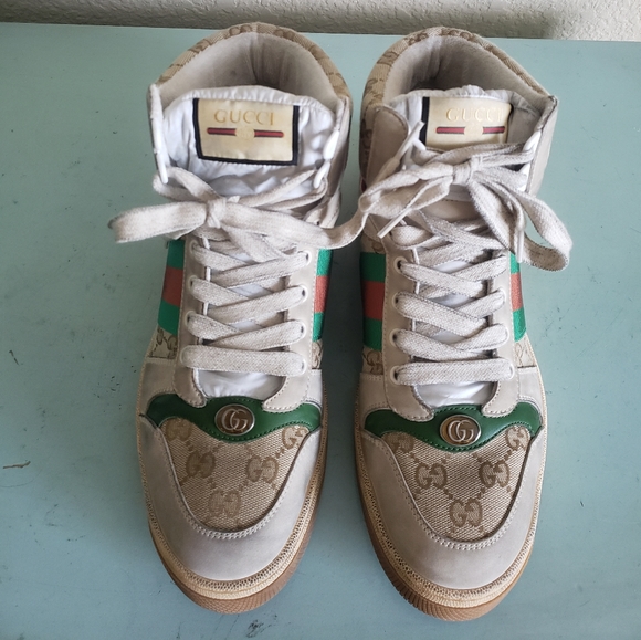 Gucci Screener Hi Top Distressed Logo G Lace Up Sneakers 8 - Picture 11 of 12